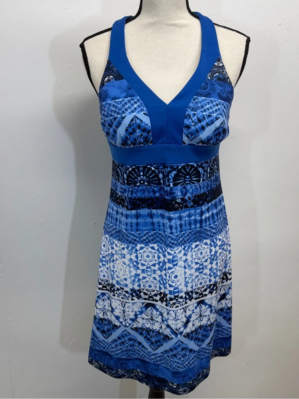 Blue Patterned V-Neck One-Piece Swim Dress - Picture 9 of 15